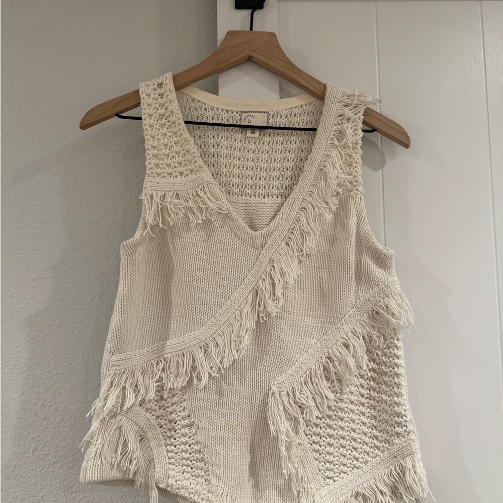 Anthropologie Cream Fringe Knit Tank Top